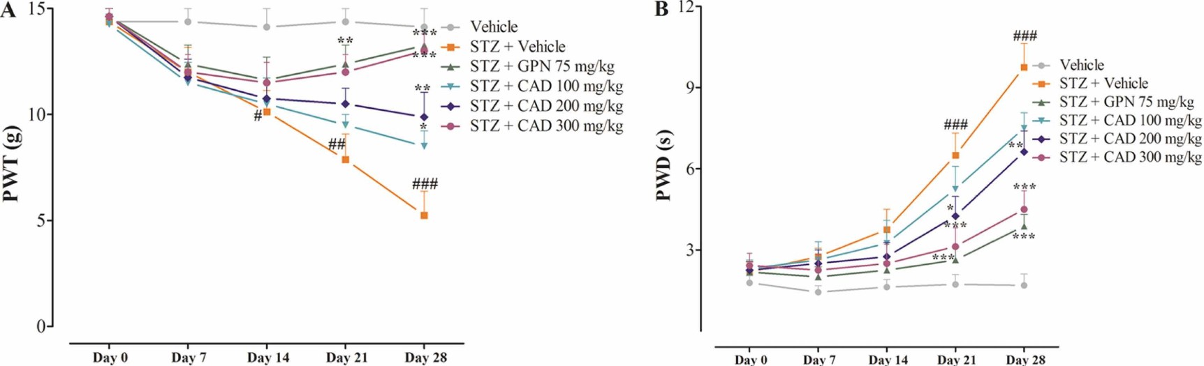 Illustration detailing the impact of CAD extract administration on tactile (A) and cold (B) allodynia symptoms in diabetic rats.