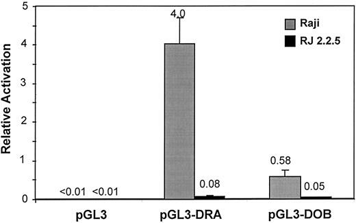 Raji and Rj2.2.5 cells were co-transfected with either HLA-DRA promoter or HLA-DOB promoter-driven luciferase reporters.