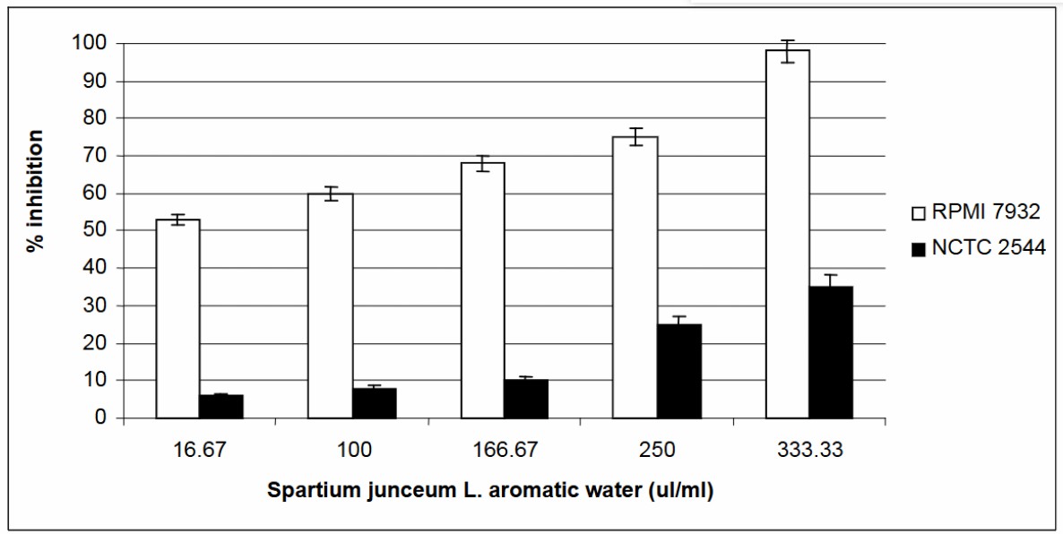 Cytotoxic effects of Spartium junceum aromatic water on RPMI 7932 and NCTC 2544 cells.