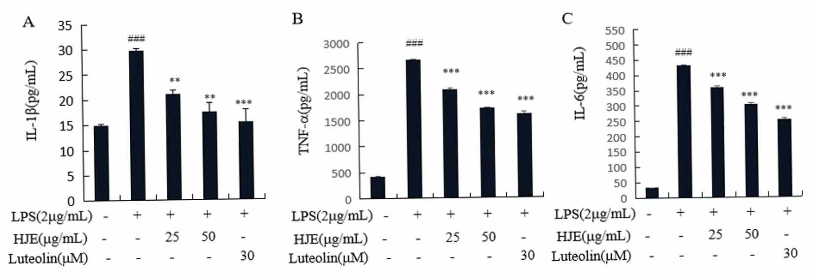 Effects of HJE and luteolin on the production of IL-1β (A), TNF-α (B), and IL-6 (C) in LPS-stimulated microglial cells.
