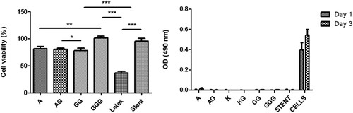 Studies on cytotoxicity and cell adhesion include: (a) assessing cell viability after a 72-hour period, and (b) examining cell adhesion on the surfaces of various stents.