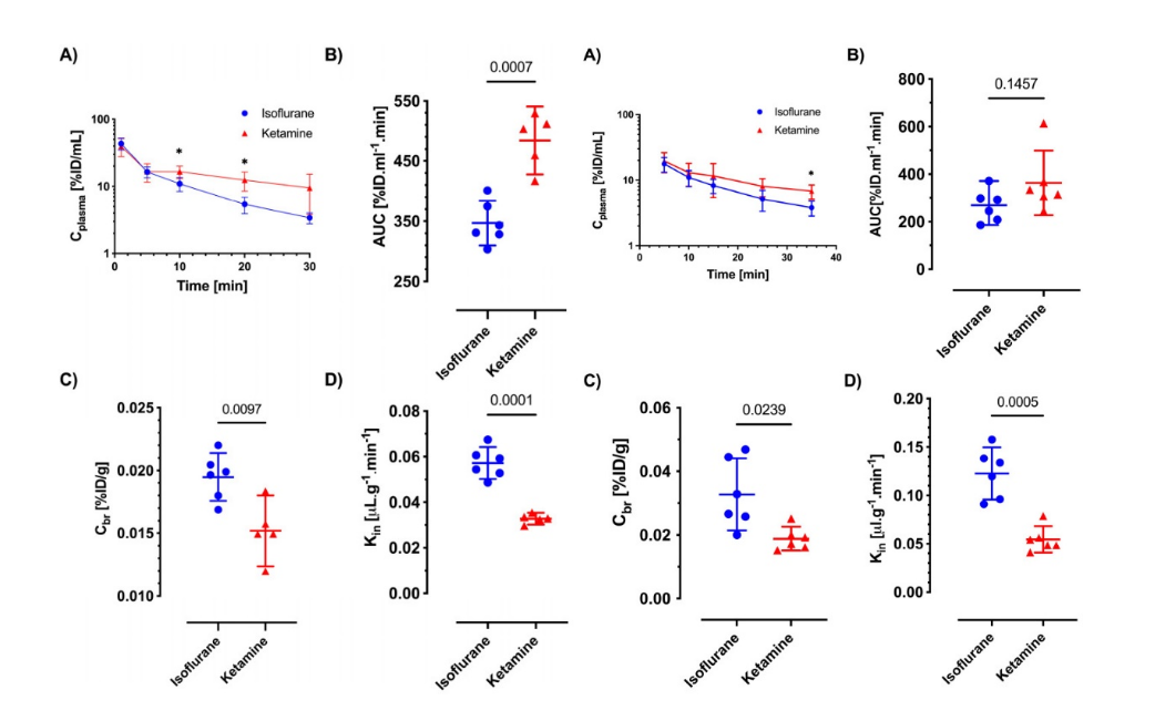 Fig. 2 Left: In vivo permeability for ceftazidime under isoflurane and ketamine/xylazine; Right: In vivo permeability for gentamicin under isoflurane and ketamine/xylazine.