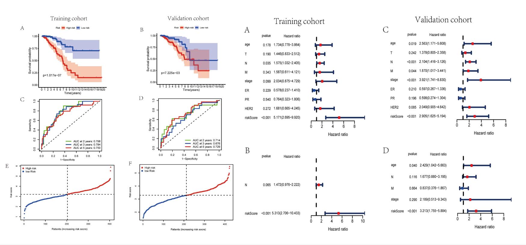 Left: Evaluation of exosome-associated lncRNA risk model in training set and validation set; Right: Assessment of exosome-associated lncRNAs risk score as the independent prognostic factor in BC.