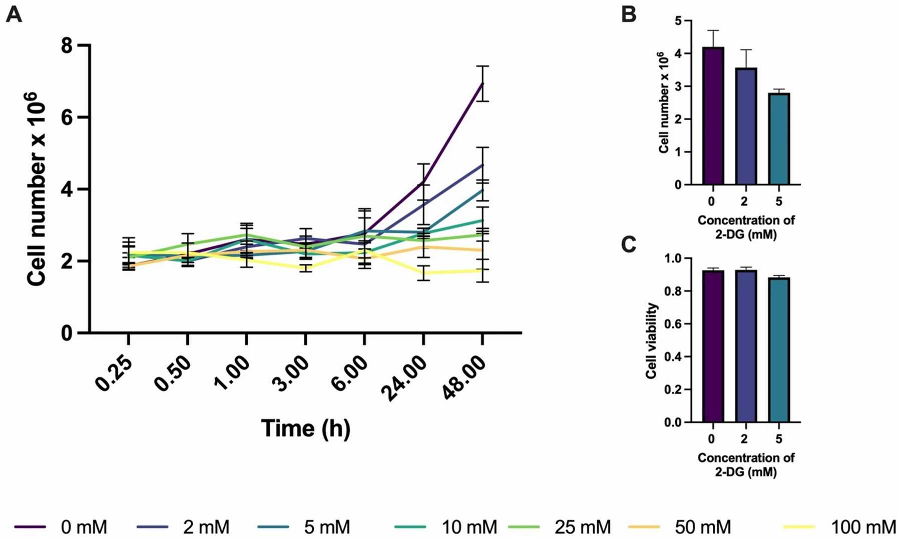 Cell proliferation in response to the duration of 2-DG treatment across different concentrations.