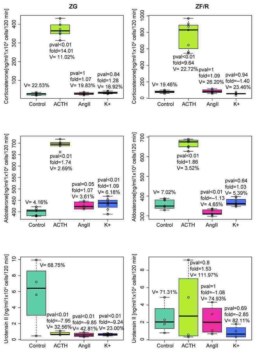 Urotensin II, aldosterone, and corticosterone released into the incubation medium by freshly isolated zona glomerulosa (ZG) or zona fasciculata/reticularis (ZF/R) rat adrenocortical cells after 120 minutes of exposure to ACTH, AngII, or K⁺.