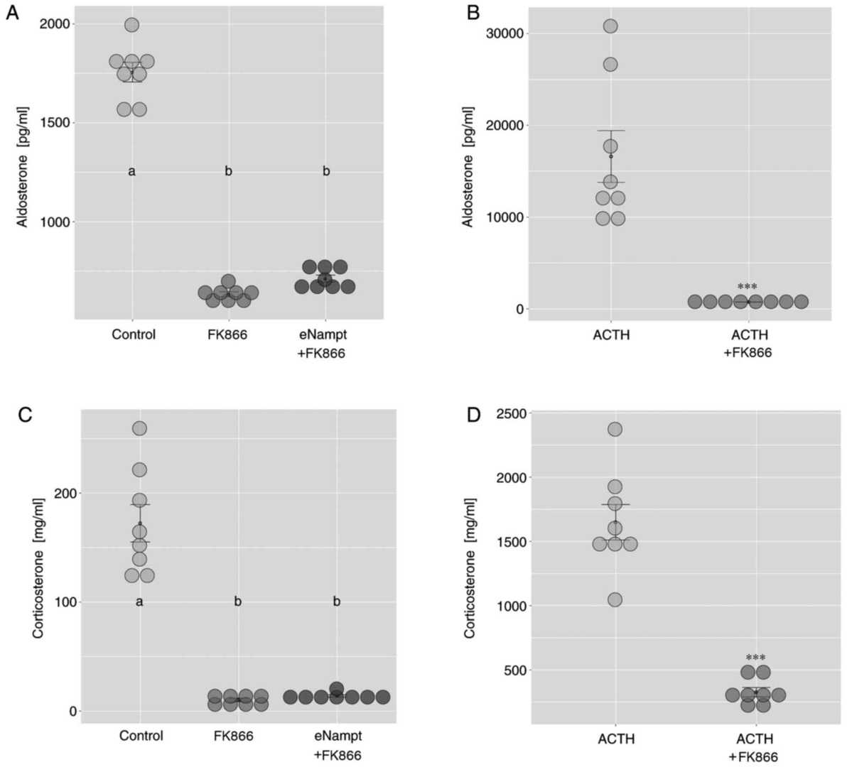 The influence of FK866 on aldosterone and corticosterone release in primary cultures of rat adrenocortical cells, both under basal conditions and in response to ACTH stimulation.