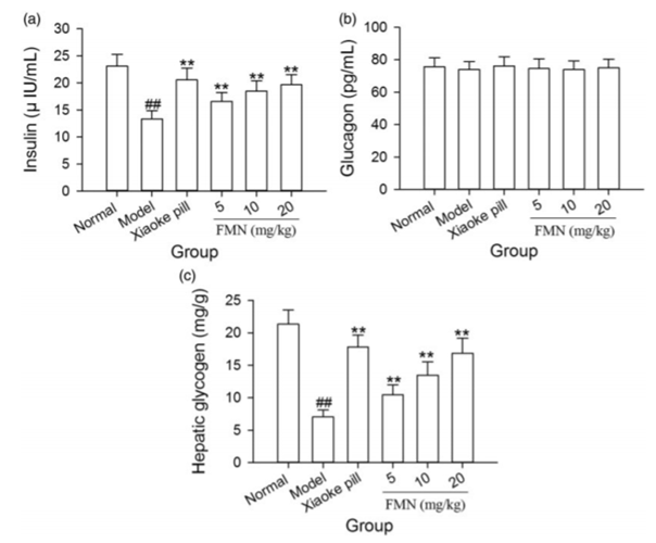 FMN increased insulin activity and hepatic glycogen level of mice with type 1 diabetes and did not affect glucagon level of mice with type 1 diabetes.