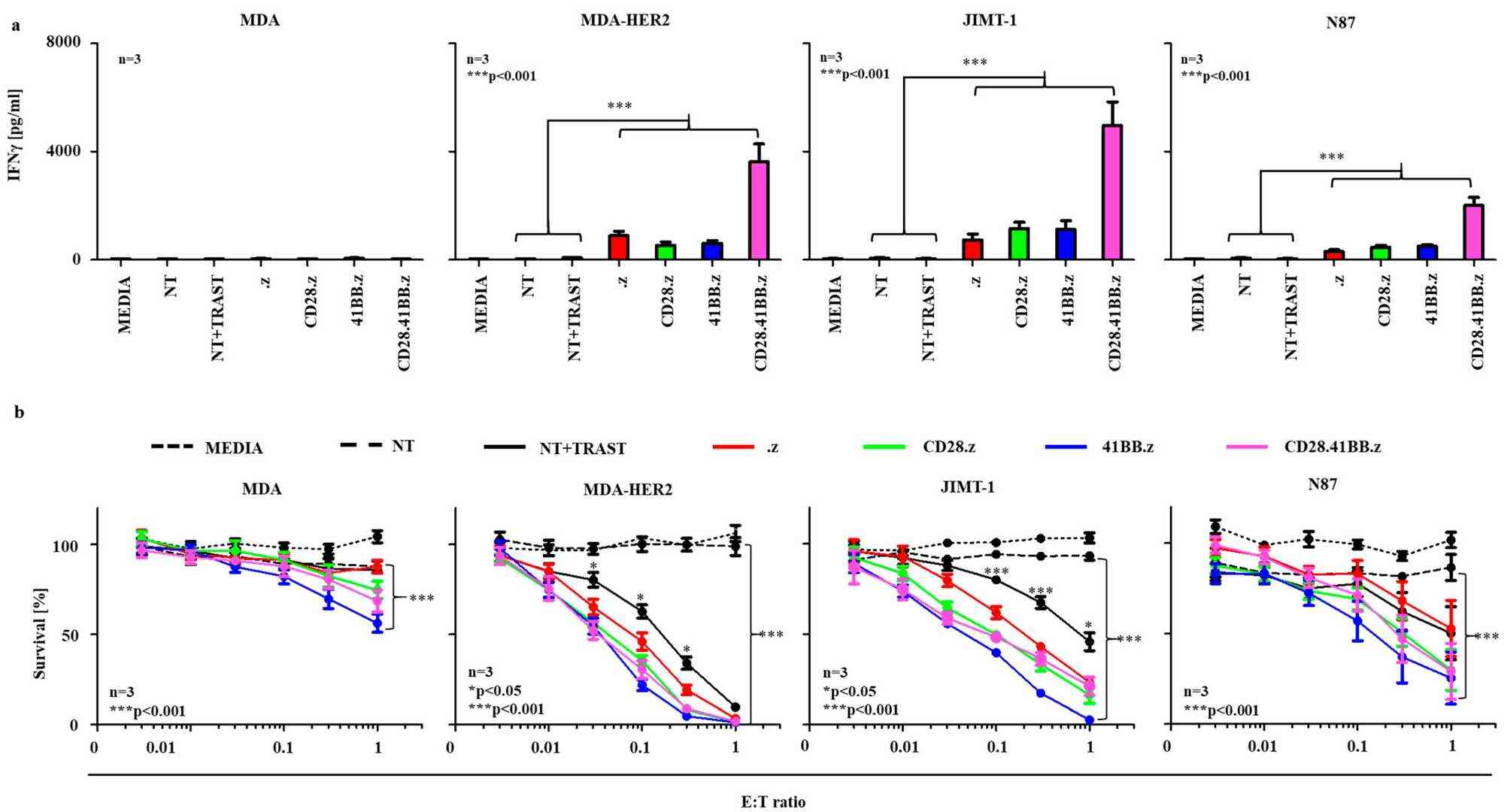 HER2-CAR NK cells were cocultured with MDA-HER2, JIMT-1, or N87 (HER2+) or MDA (HER2−) target cells, and the release of IFNγ (Fig. 1a) and cytotoxicity (Fig. 1b) towards target cells were evaluated.