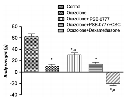 Effects of PSB-0777 (0.4 mg/kg/day) alone or in combination with CSC (1 mg/kg/day) or dexamethasone (1 mg/kg/day) on body weight in rats with oxazolone-induced colitis. Each column represents the mean ± S.E.M (n = 6). *p < 0.05, significant difference versus control group; ap < 0.05, significant difference versus oxazolone group