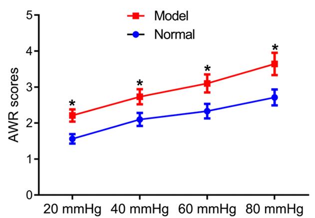 Fig. 1 Comparison of abdominal withdrawal reflex (AWR) scores between irritable bowel syndrome with diarrhea (IBS-D) rats and normal rats under different pressures