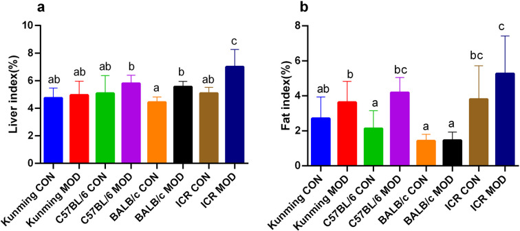 Liver and fat index of mice fed with normal chow and HFD of four mouse strains.