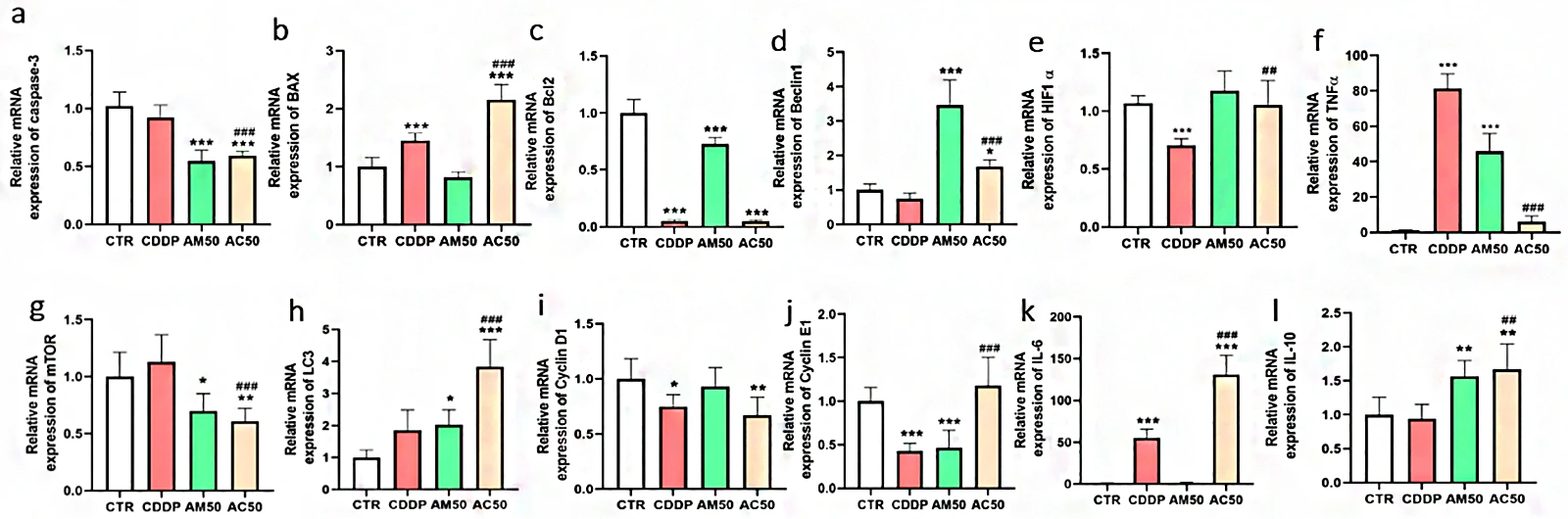 Effect of cisplatin and Annona muricata on the expression of pro- and anti-apoptotic, autophagic and inflammatory genes.
