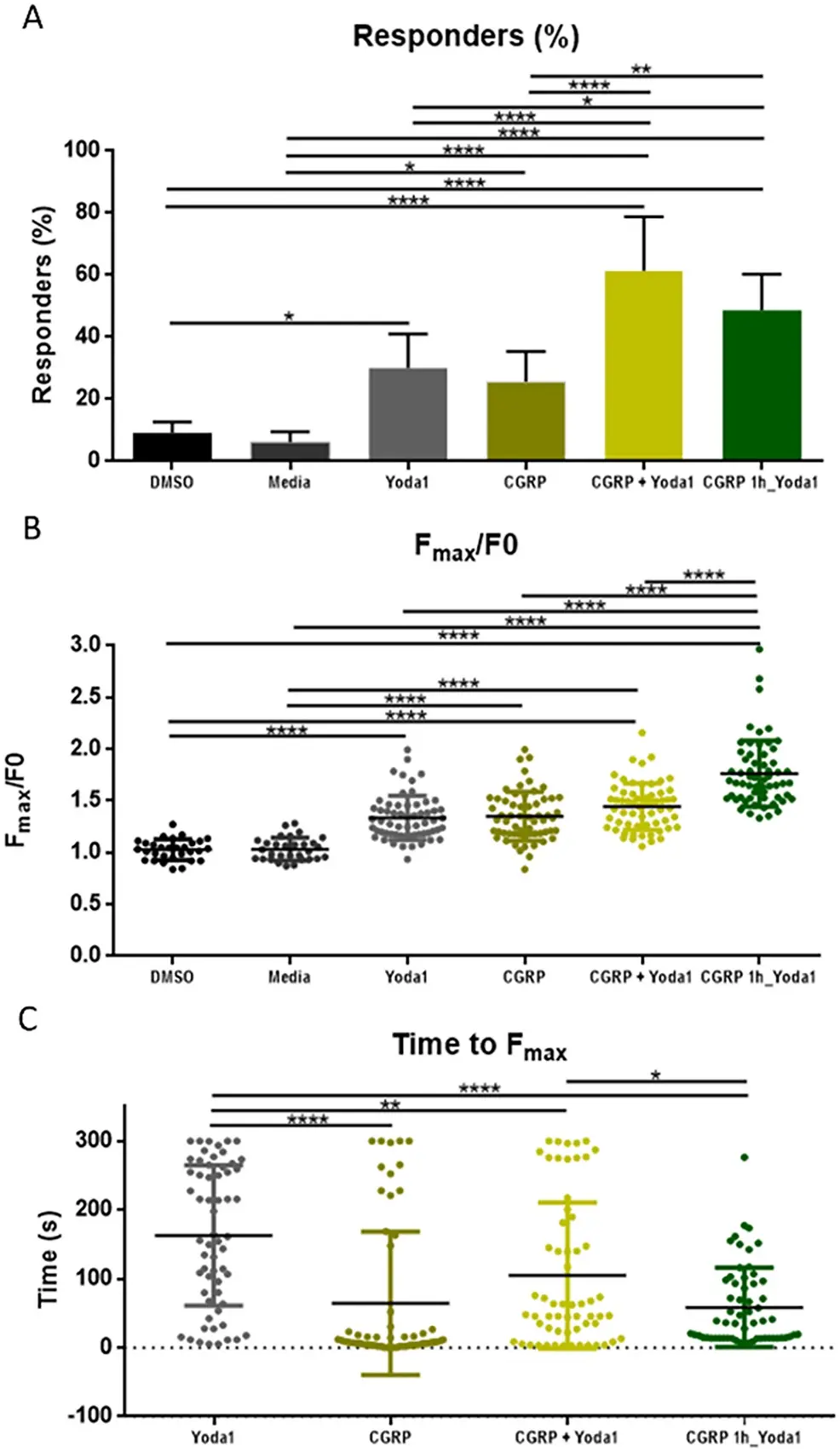 CGRP exposure for 1 hour sensitizes Piezo1 channels leading to a higher intracellular Ca2+ level in hiPSC-ECs.