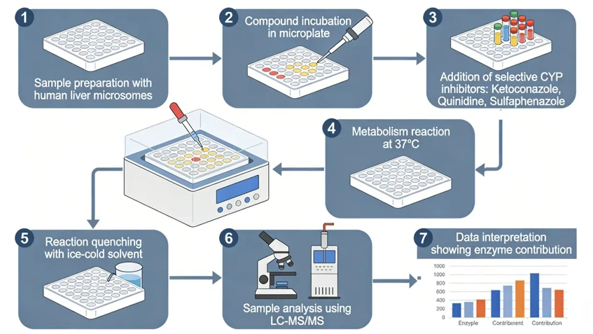 Scientific workflow illustration showing recombinant CYP enzyme assay for reaction phenotyping.