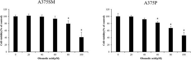 Oleanolic acid reduced cell viability of A375SM and A375P cells.