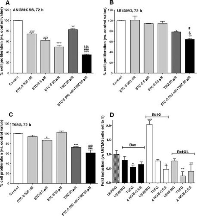 Effects of BTC-8 and TMZ cotreatment on ANGM-CSS, T98G, and U343MG cell proliferation.
