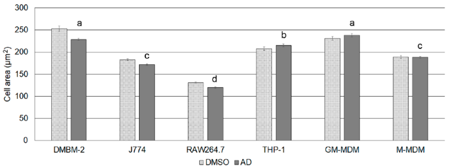 Cell area of macrophages when exposed to the solvent controls. Means ± SEM are shown and groups indicated with letters.