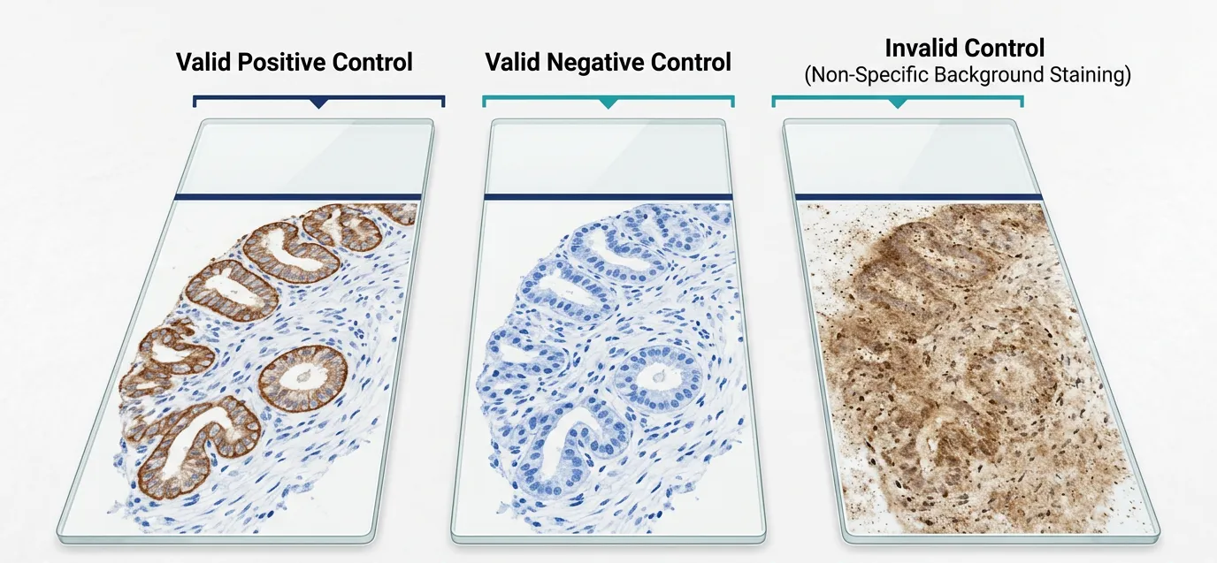 Valid and invalid IHC control patterns.Positive controls should show expected target staining, negative controls should remain clean, and diffuse staining may indicate an invalid run.
