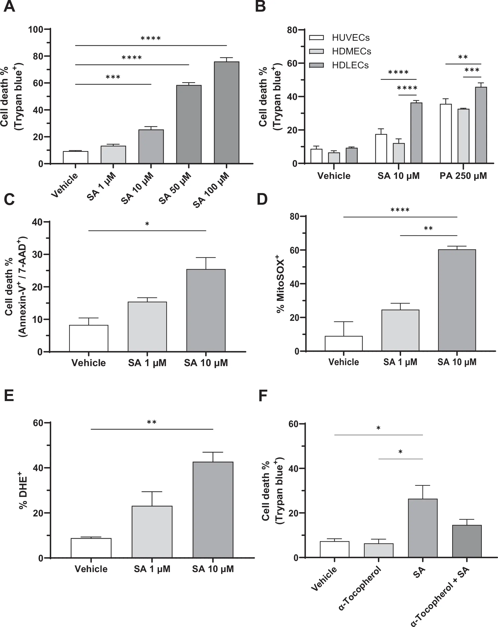 Stearic acid promotes apoptosis in lymphatic endothelial cells via reactive oxygen species (ROS) and ER stress.
