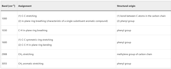 The assignment of the bands measured in Raman spectra of MNPs to the vibrations of bonds or functional groups of PS.
