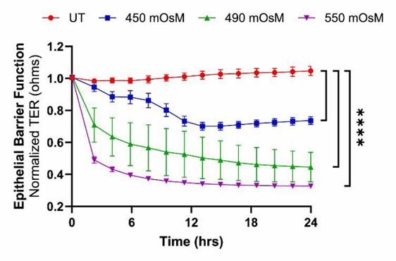 Telomerase-immortalized human corneal epithelial cells (hTCEpi) treated with 70, 90, and 120 mM NaCl corresponding to final osmolarities of ∼450, 490, and 550 mOsM, respectively, for 24 h exhibited a dose-dependent reduction (30–69 %) in trans-epithelial electrical resistance (TER). 