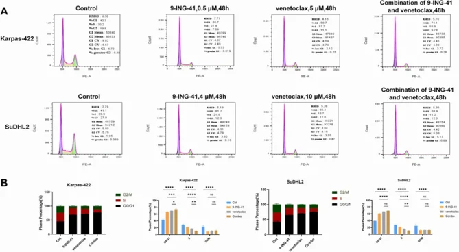 Treatment with 9-ING-41 monotherapy and combination therapy has notable effects on cell cycle arrest in DHL cells.