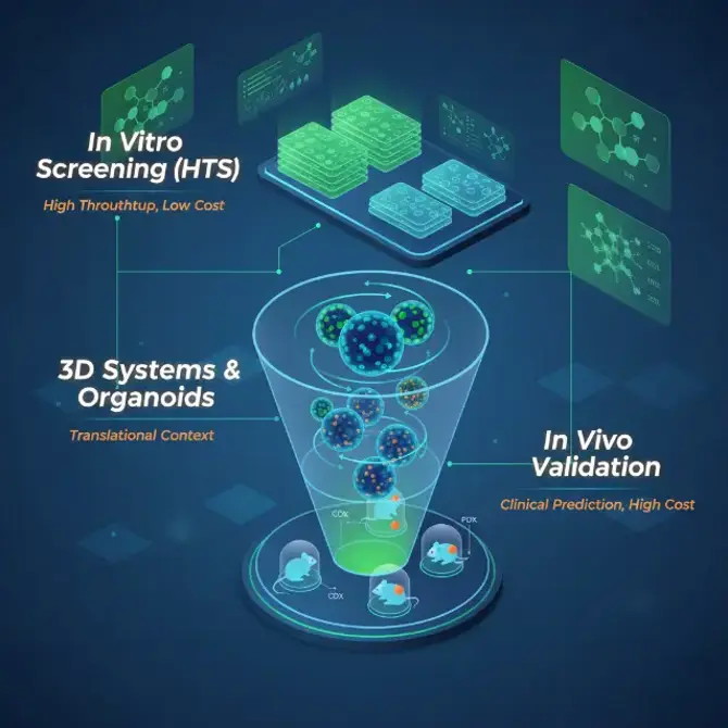 The Oncology Drug Discovery Pipeline. A hierarchical funnel illustrating the progression from High-Throughput In Vitro Screening to Translational 3D Organoid Systems, concluding with In Vivo Validation to ensure high-fidelity clinical prediction.