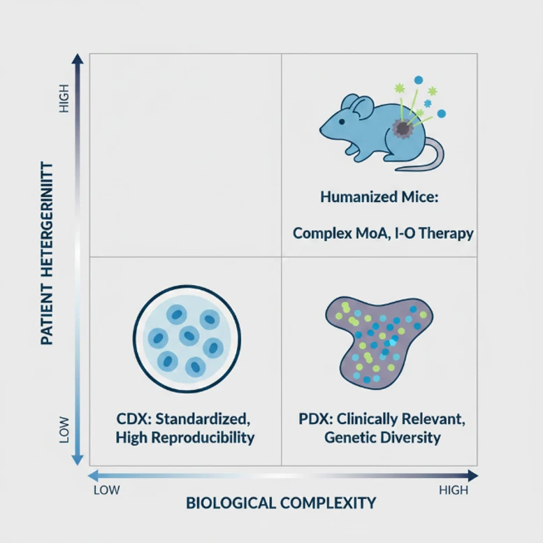 Oncology Model Selection Matrix. Comparison of CDX, PDX, and Humanized Mice models. CDX offers high reproducibility at lower complexity, while Humanized Mice provide the highest biological complexity and patient heterogeneity for advanced I-O research.
